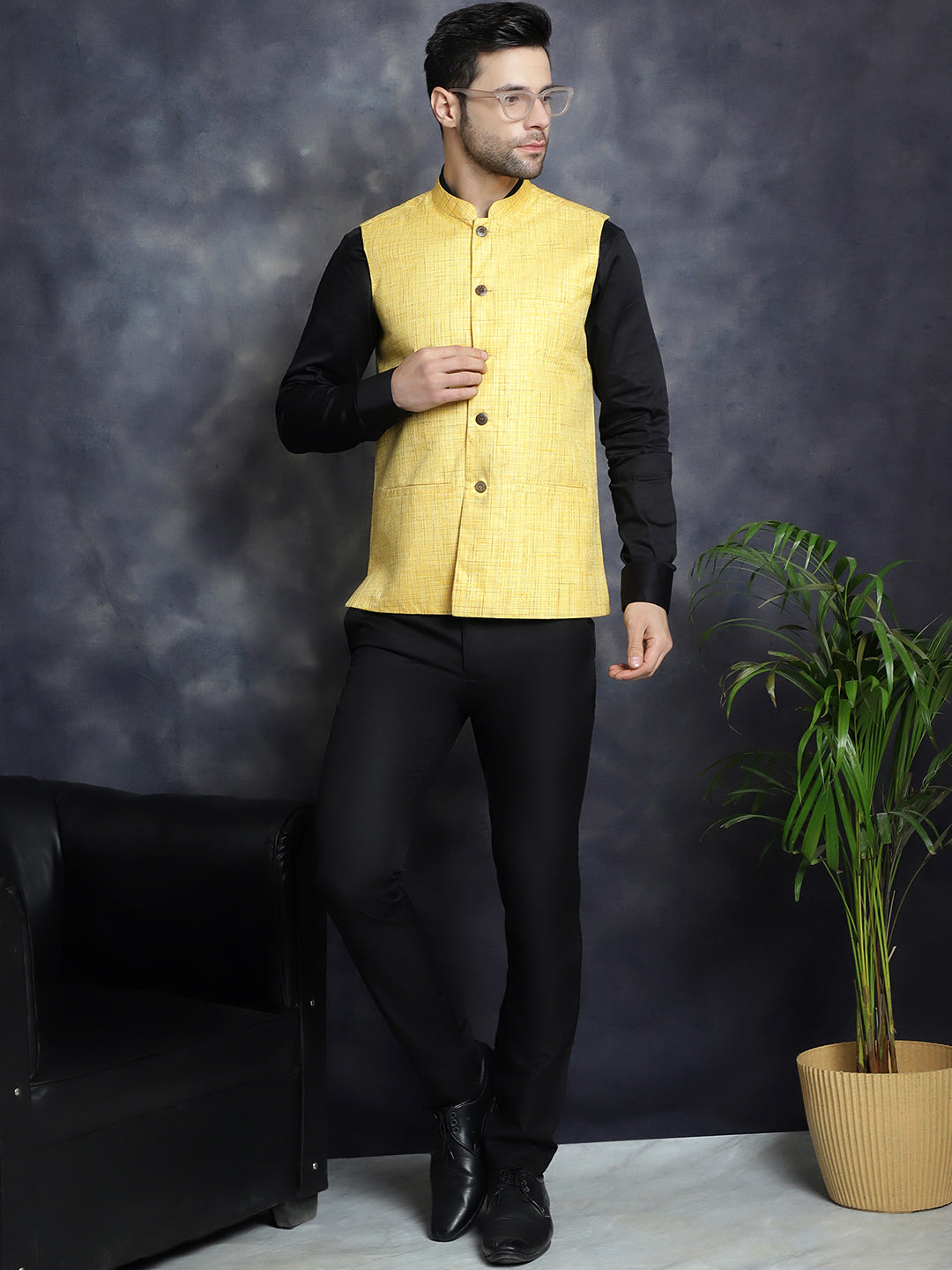 Jompers Men's Woven Design Nehru Jacket - Yellow