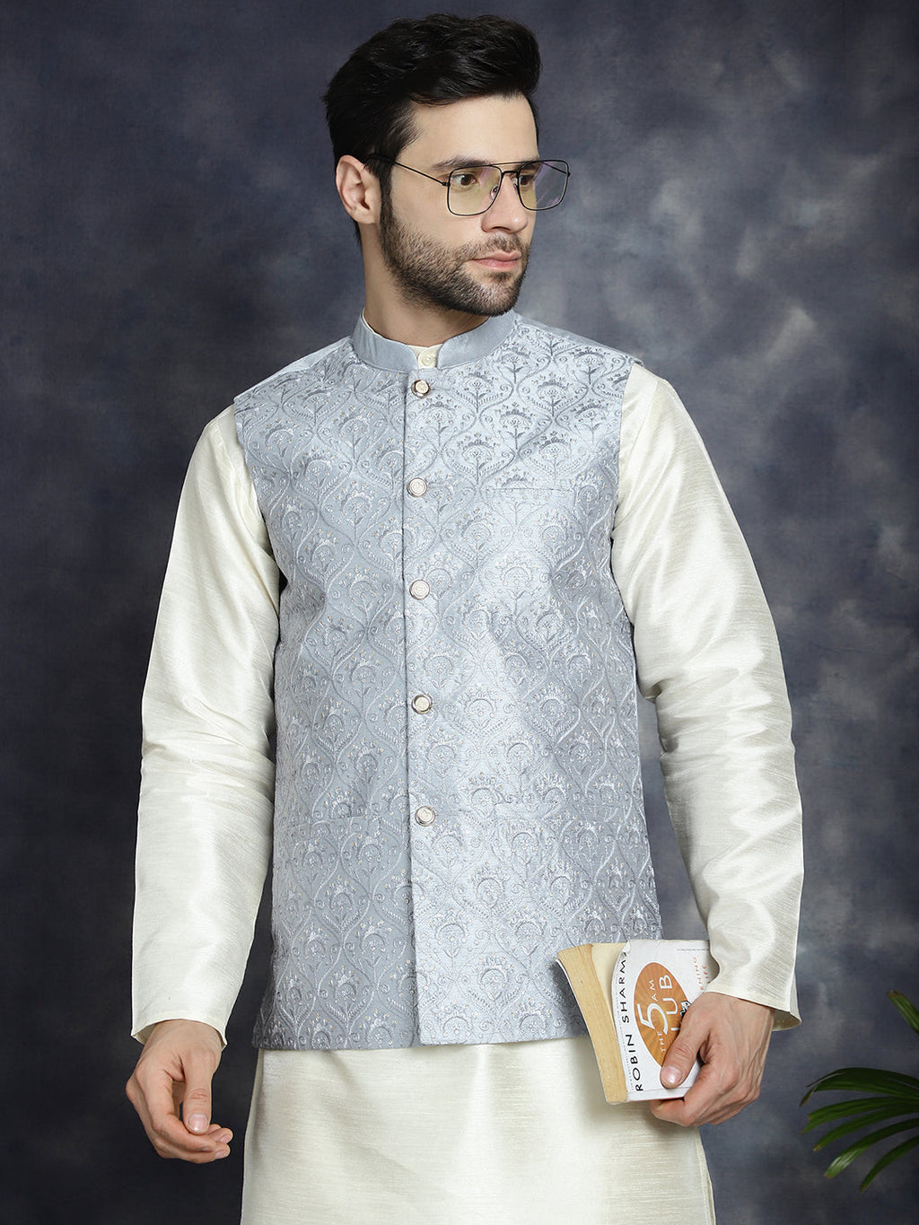 Jompers Men's Sequins and Embroidred Nehru Jacket - Grey
