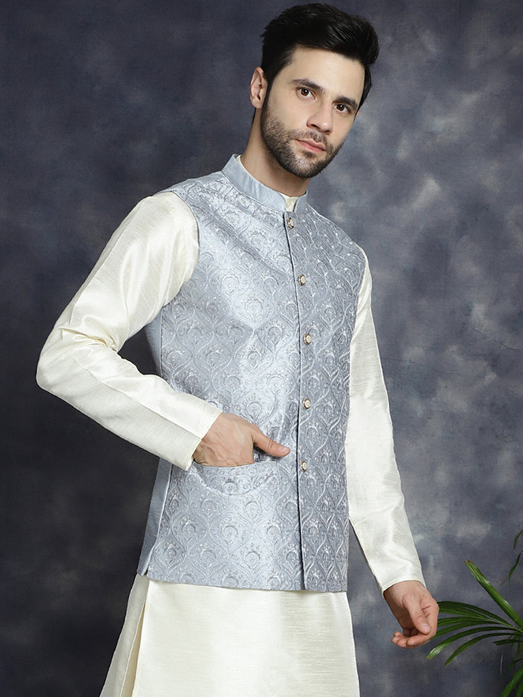 Jompers Men's Sequins and Embroidred Nehru Jacket - Grey