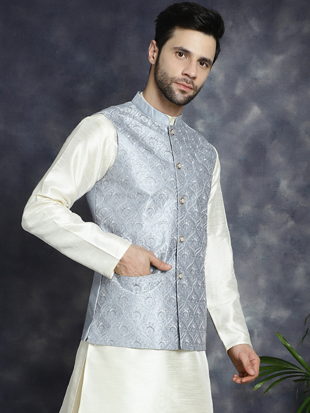 Jompers Men's Sequins and Embroidred Nehru Jacket - Grey