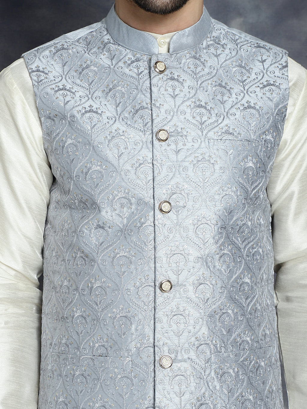 Jompers Men's Sequins and Embroidred Nehru Jacket - Grey