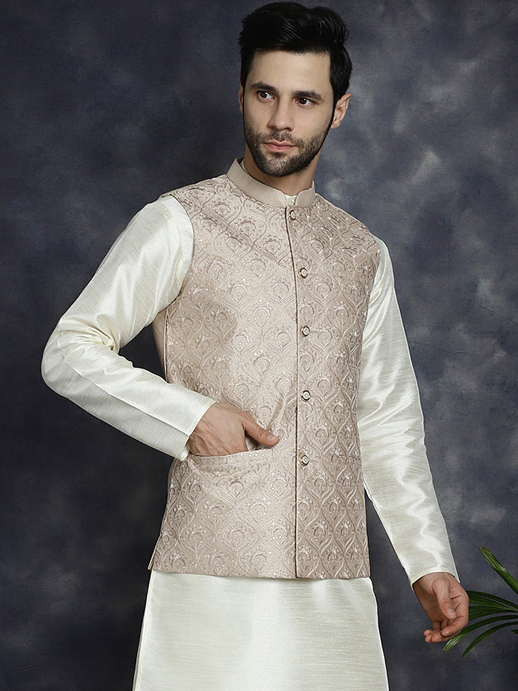 Jompers Men's Sequins and Embroidred Nehru Jacket - Peach