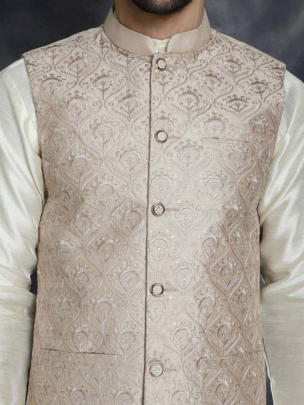 Jompers Men's Sequins and Embroidred Nehru Jacket - Peach