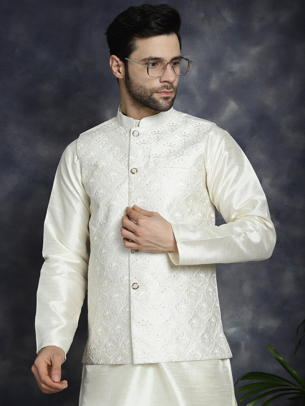 Jompers Men's Sequins and Embroidred Nehru Jacket - White