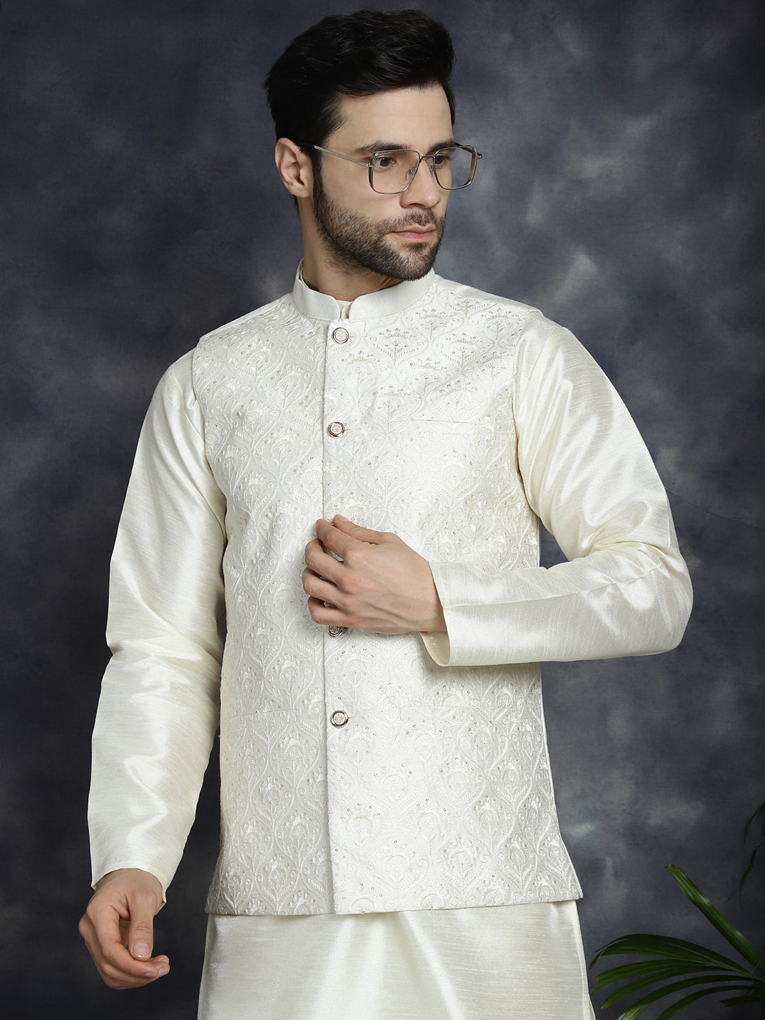 Jompers Men's Sequins and Embroidred Nehru Jacket - White