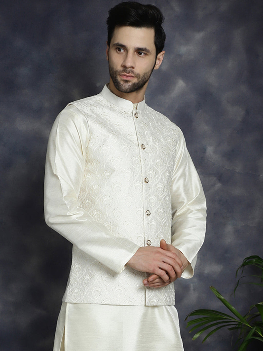 Jompers Men's Sequins and Embroidred Nehru Jacket - White