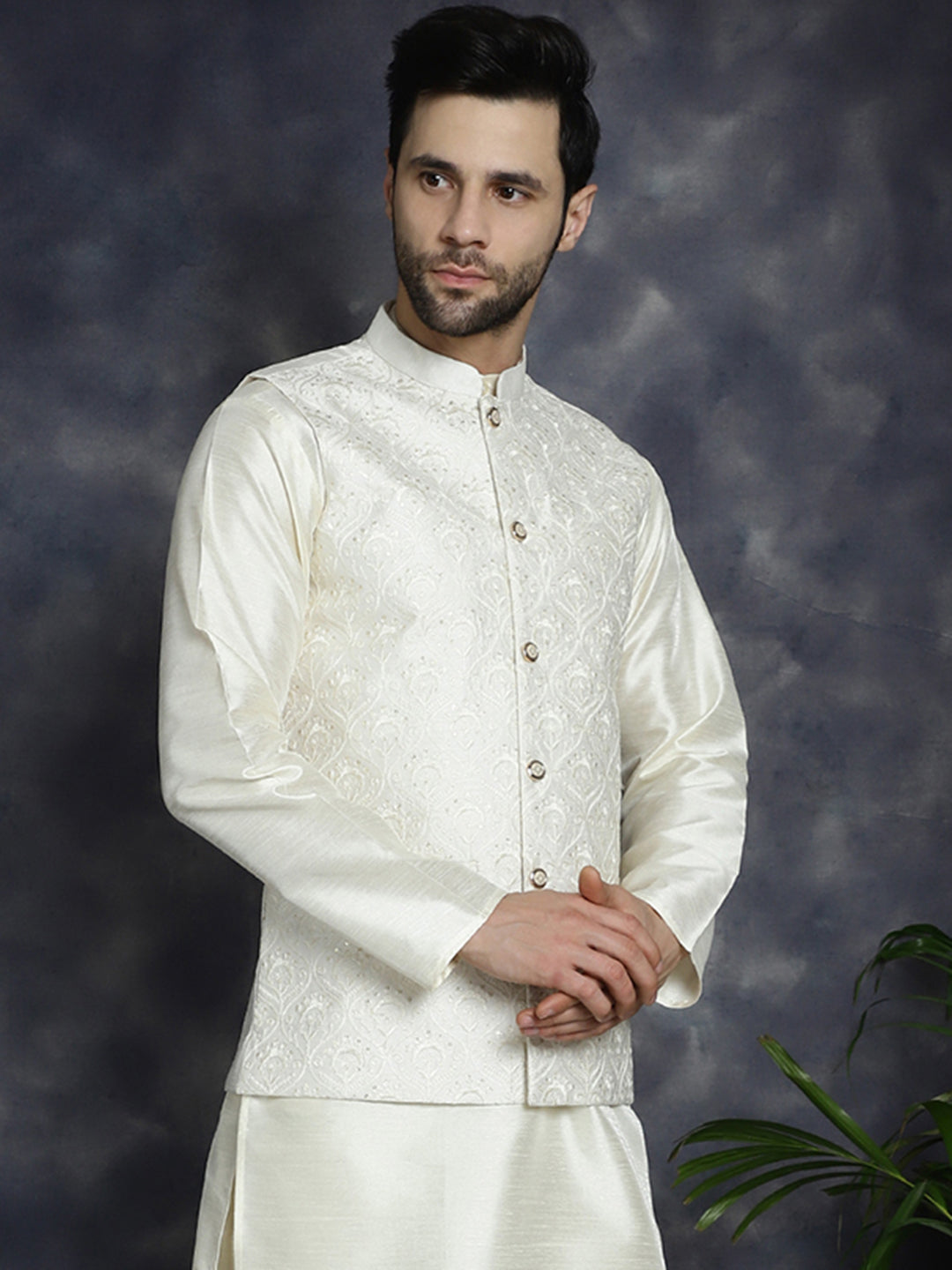 Jompers Men's Sequins and Embroidred Nehru Jacket - White