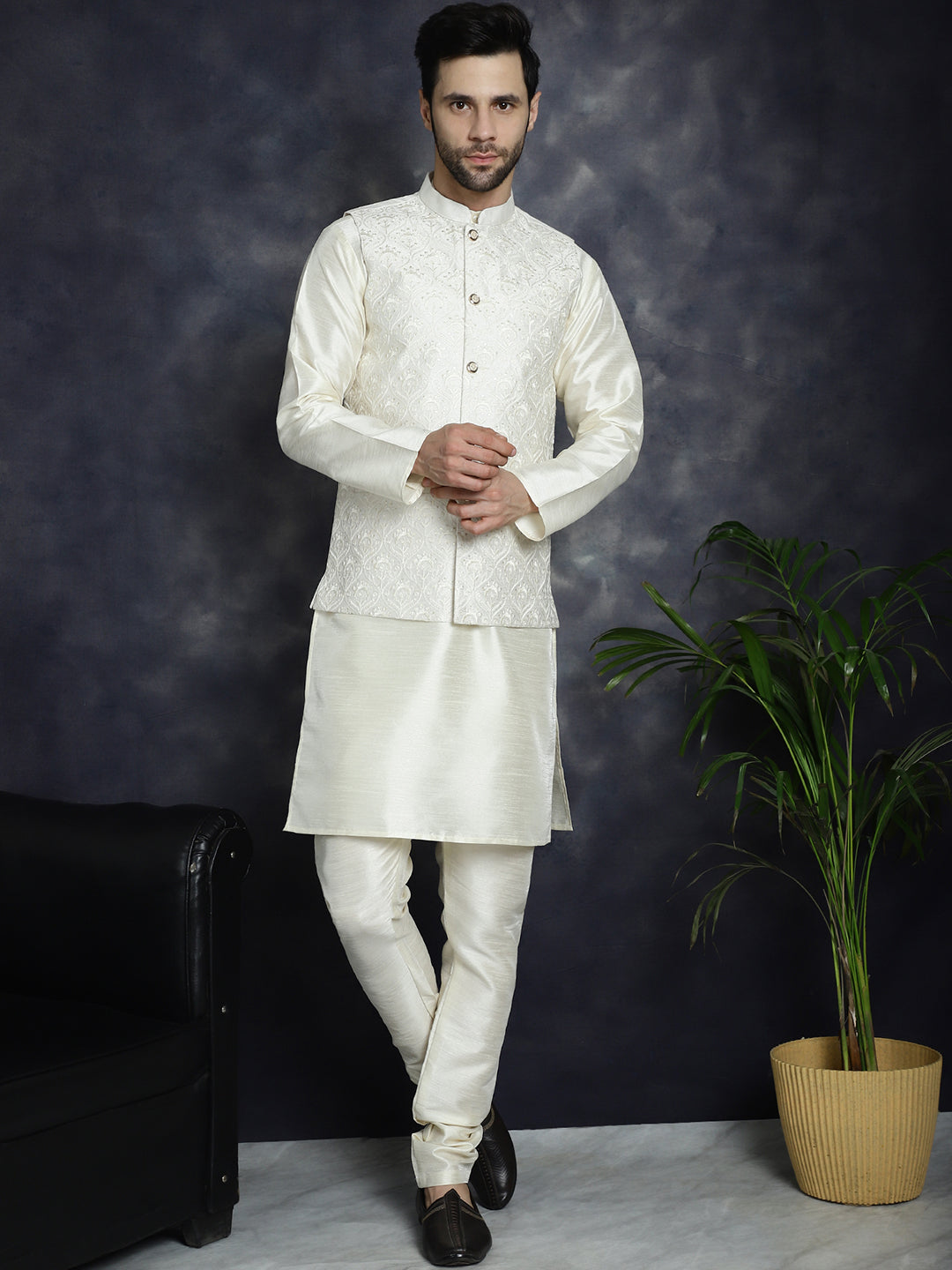 Jompers Men's Sequins and Embroidred Nehru Jacket - White
