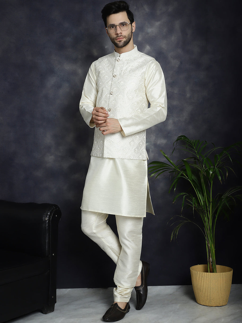 Jompers Men's Sequins and Embroidred Nehru Jacket - White