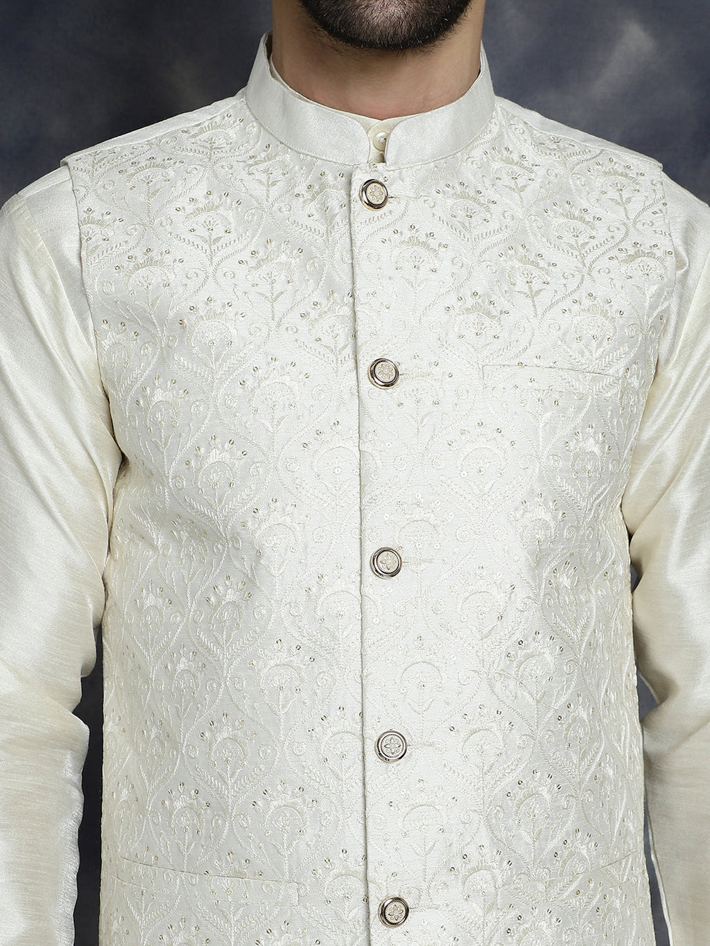 Jompers Men's Sequins and Embroidred Nehru Jacket - White