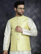 Jompers Men's Sequins and Embroidred Nehru Jacket - Yellow