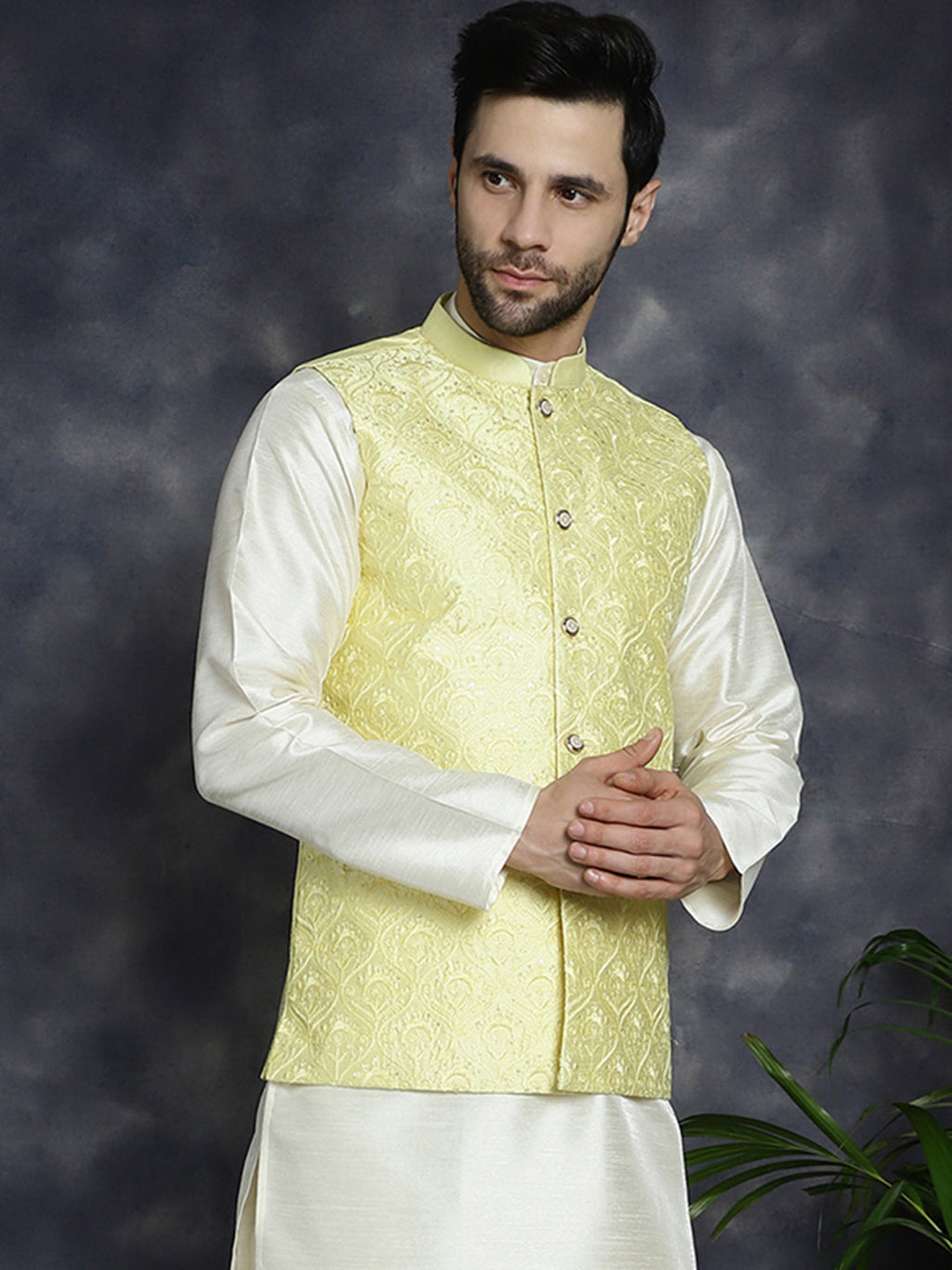 Jompers Men's Sequins and Embroidred Nehru Jacket - Yellow