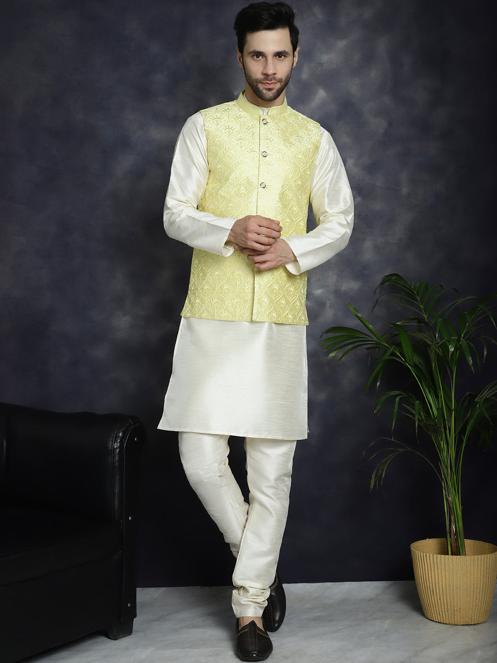 Jompers Men's Sequins and Embroidred Nehru Jacket - Yellow