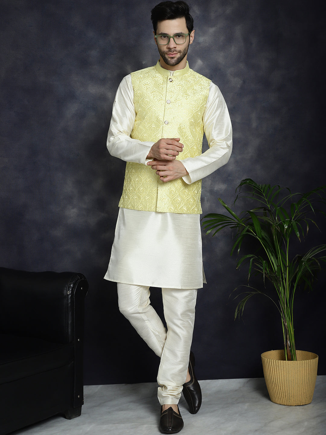 Jompers Men's Sequins and Embroidred Nehru Jacket - Yellow