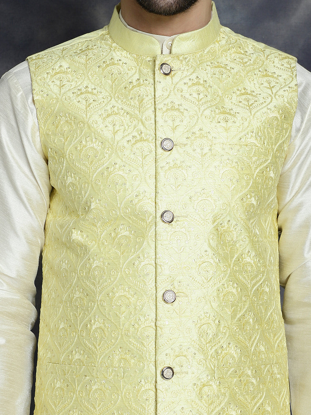 Jompers Men's Sequins and Embroidred Nehru Jacket - Yellow