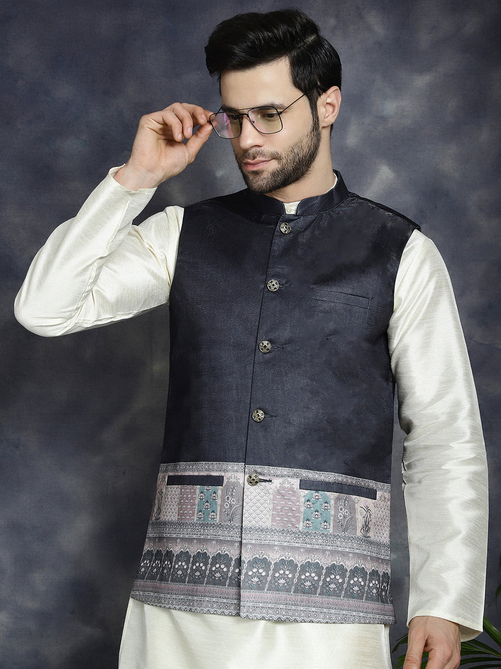 Jompers Men's Printed Nehru Jacket - Black
