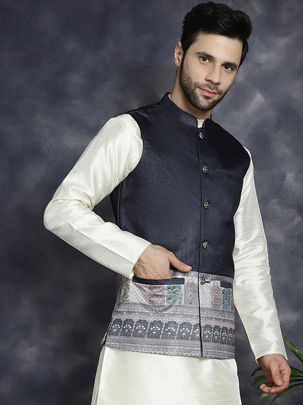 Jompers Men's Printed Nehru Jacket - Black