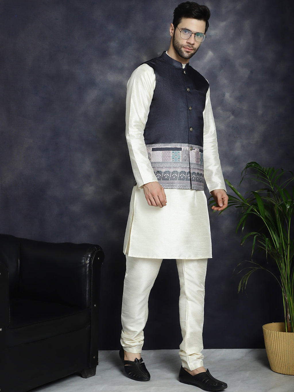Jompers Men's Printed Nehru Jacket - Black