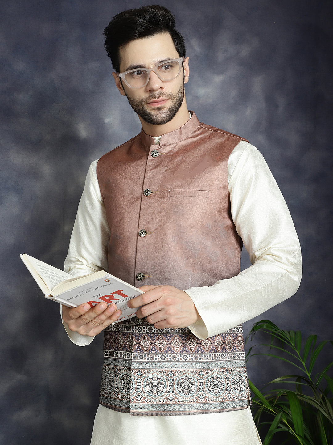 Jompers Men's Printed Nehru Jacket - Brown
