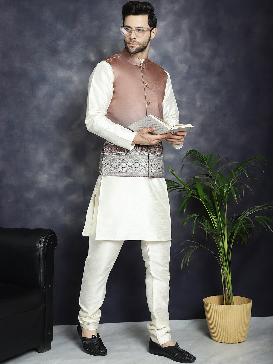 Jompers Men's Printed Nehru Jacket - Brown