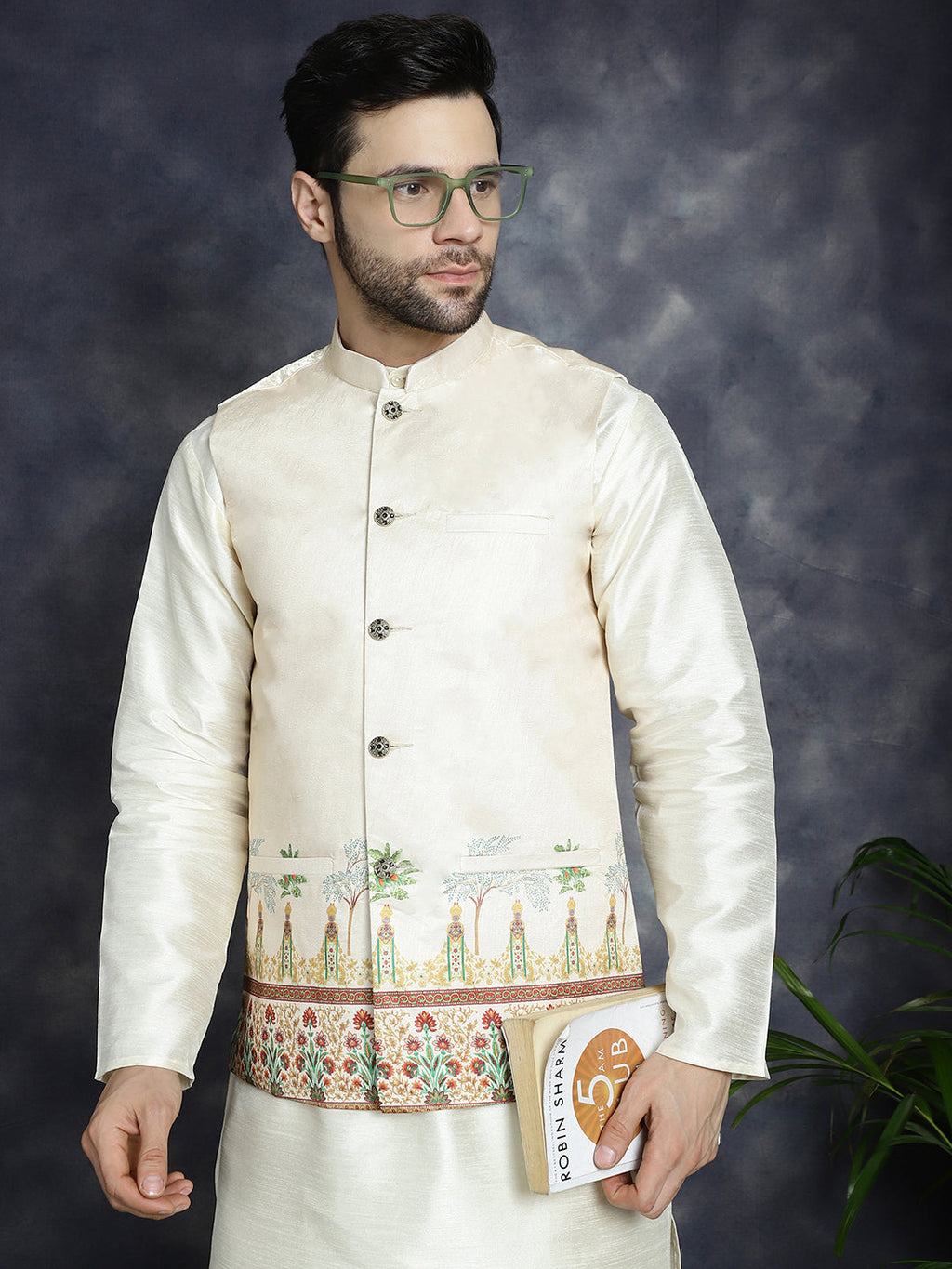 Jompers Men's Printed Nehru Jacket - Golden