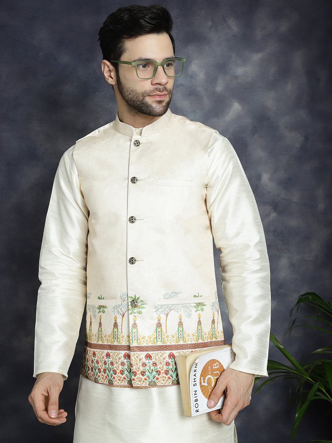 Jompers Men's Printed Nehru Jacket - Golden