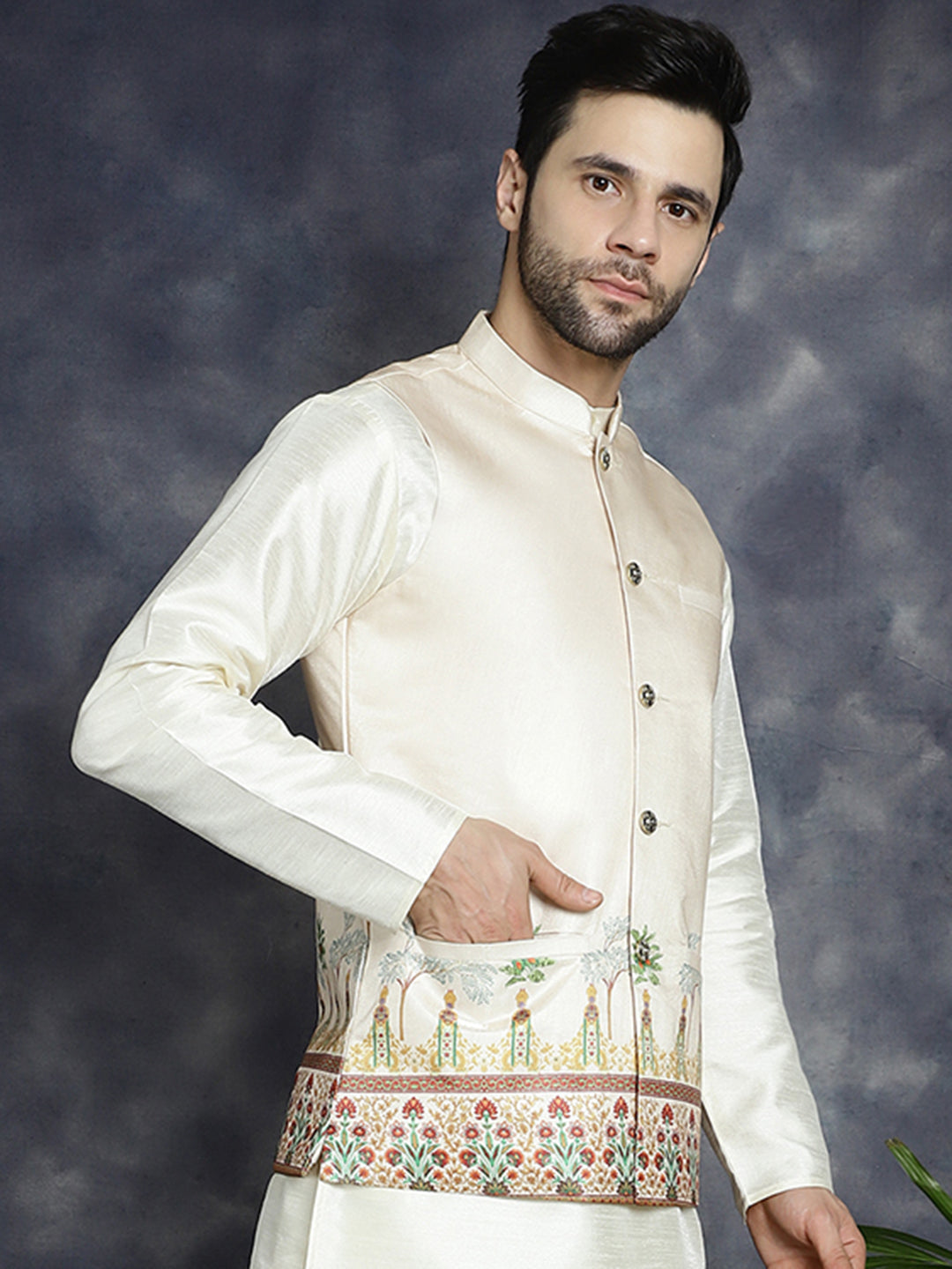 Jompers Men's Printed Nehru Jacket - Golden