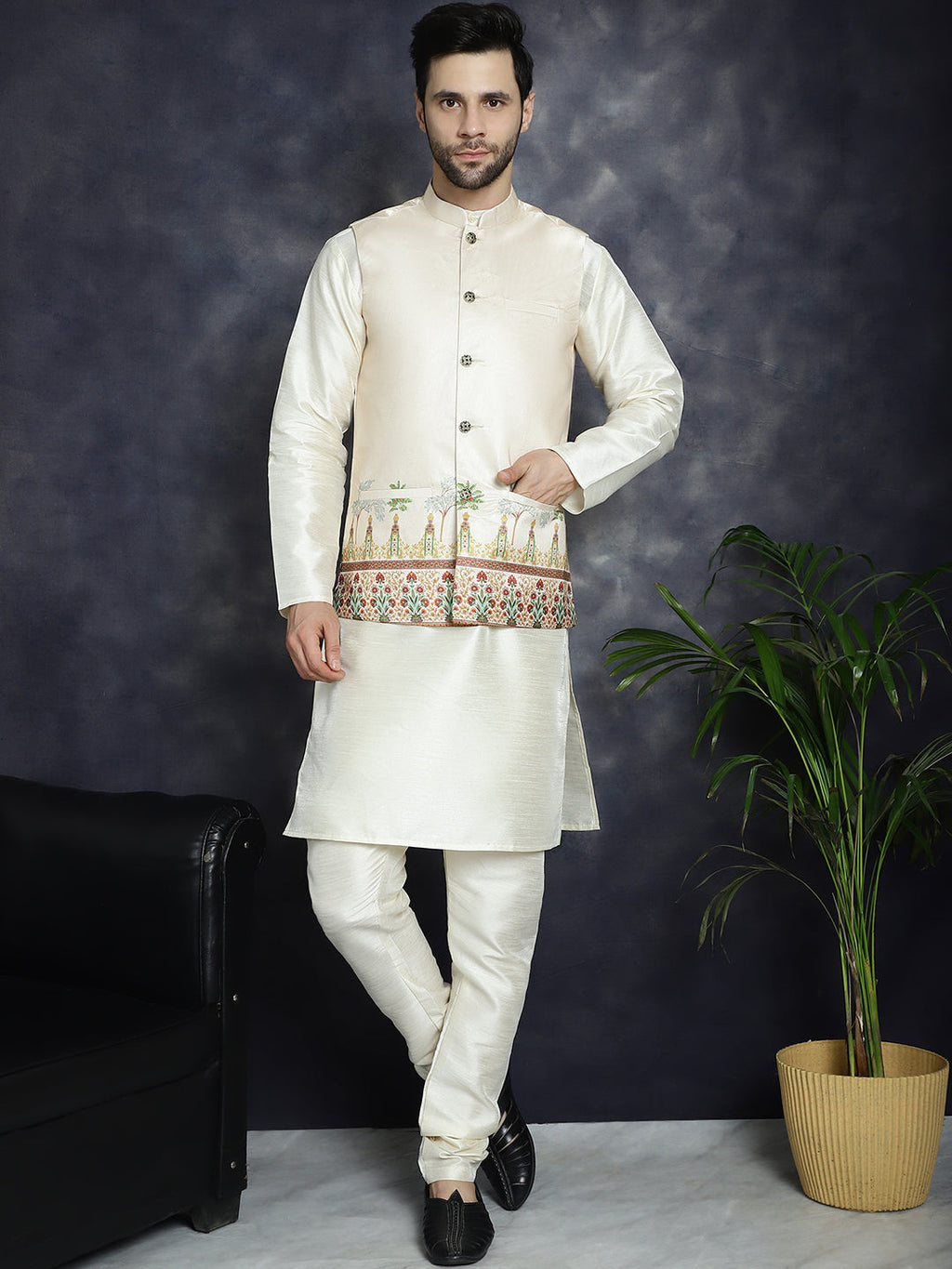 Jompers Men's Printed Nehru Jacket - Golden