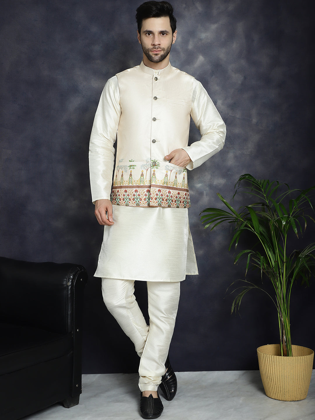 Jompers Men's Printed Nehru Jacket - Golden