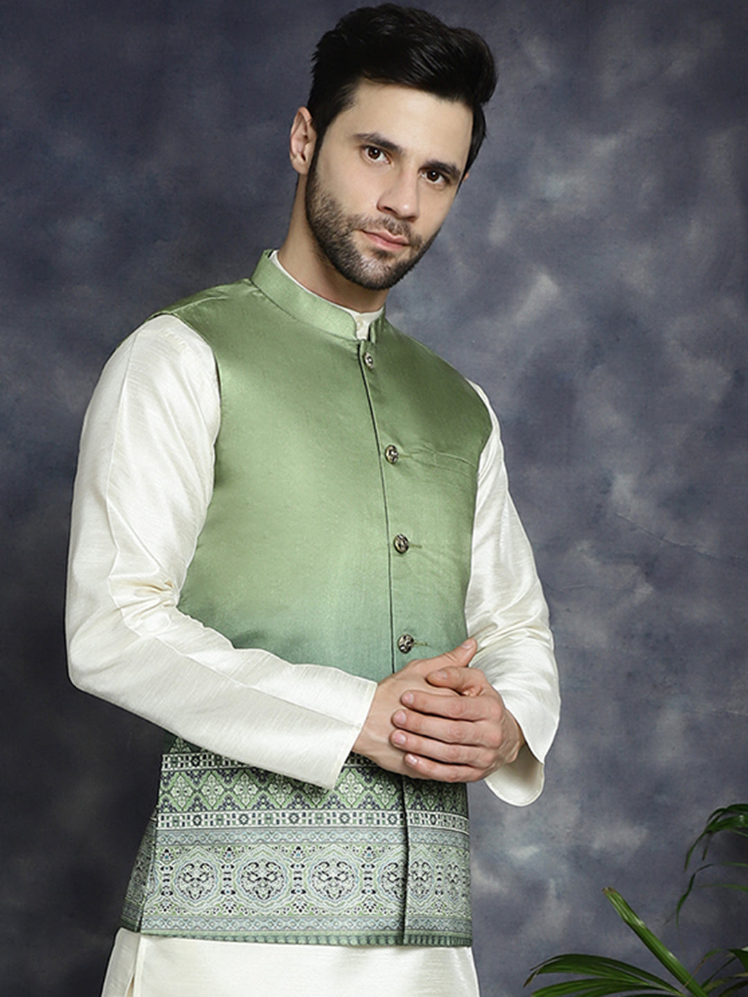 Jompers Men's Printed Nehru Jacket - Green