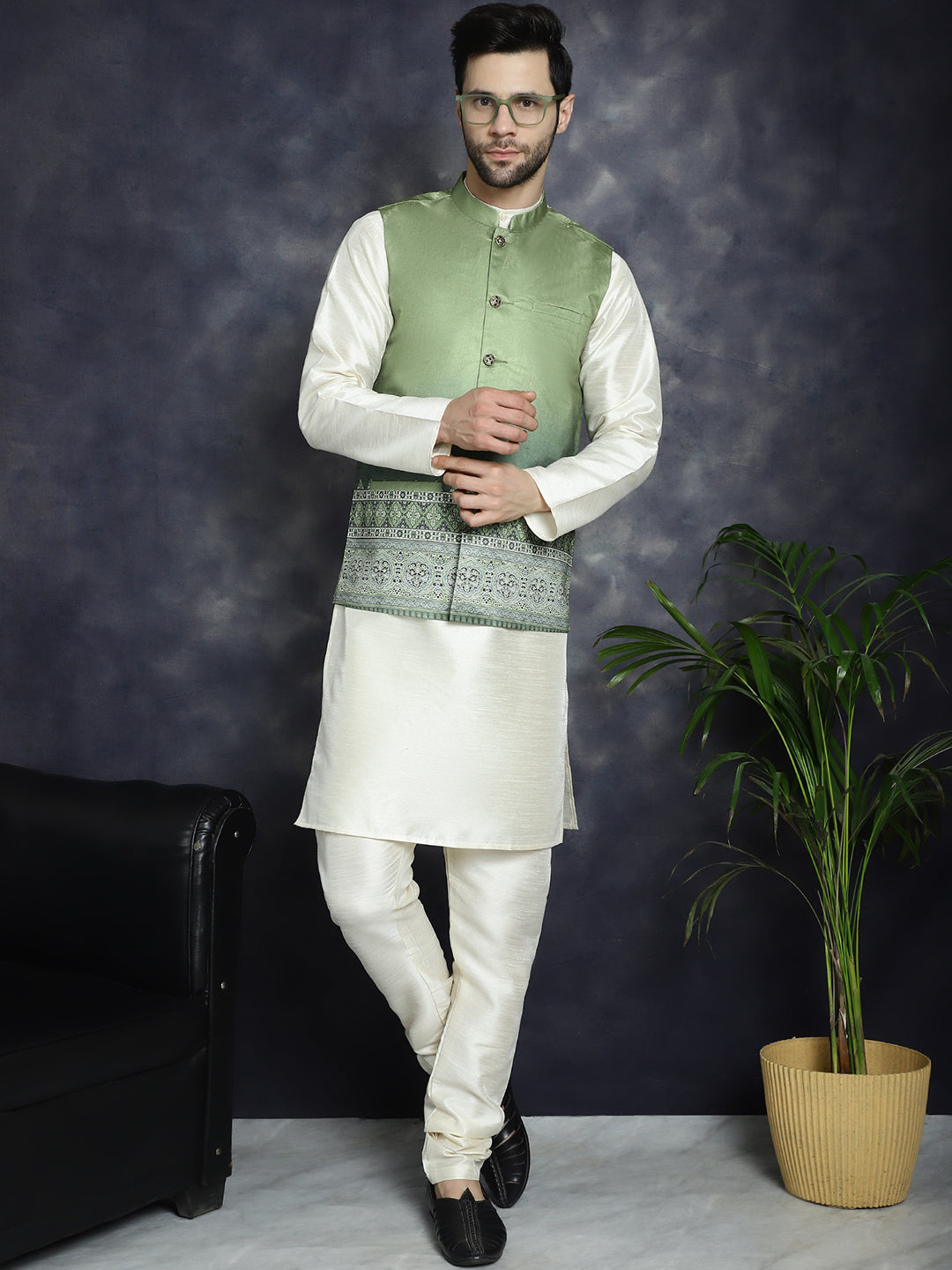 Jompers Men's Printed Nehru Jacket - Green