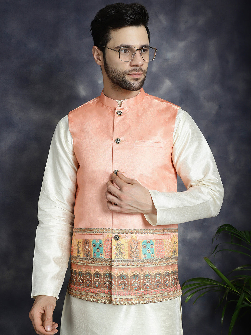Jompers Men's Printed Nehru Jacket - Peach