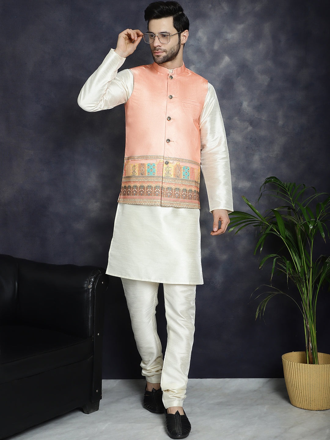 Jompers Men's Printed Nehru Jacket - Peach