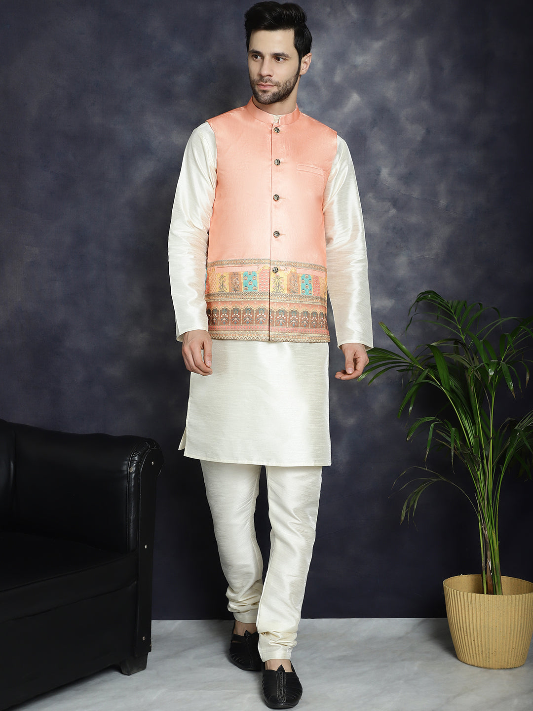 Jompers Men's Printed Nehru Jacket - Peach
