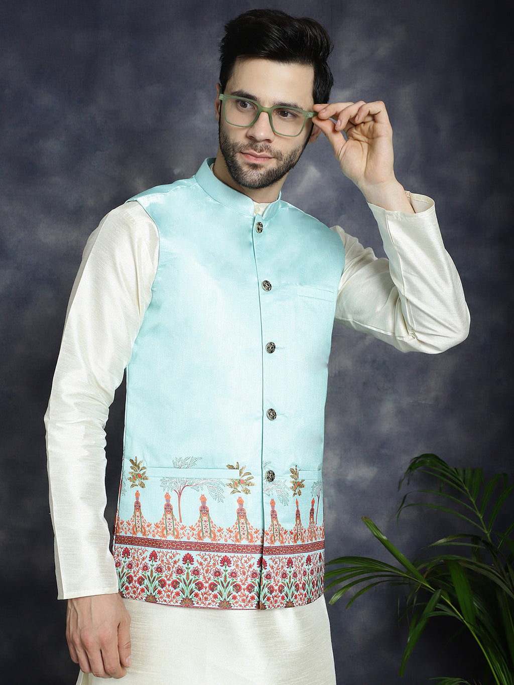 Jompers Men's Printed Nehru Jacket - Sky Blue