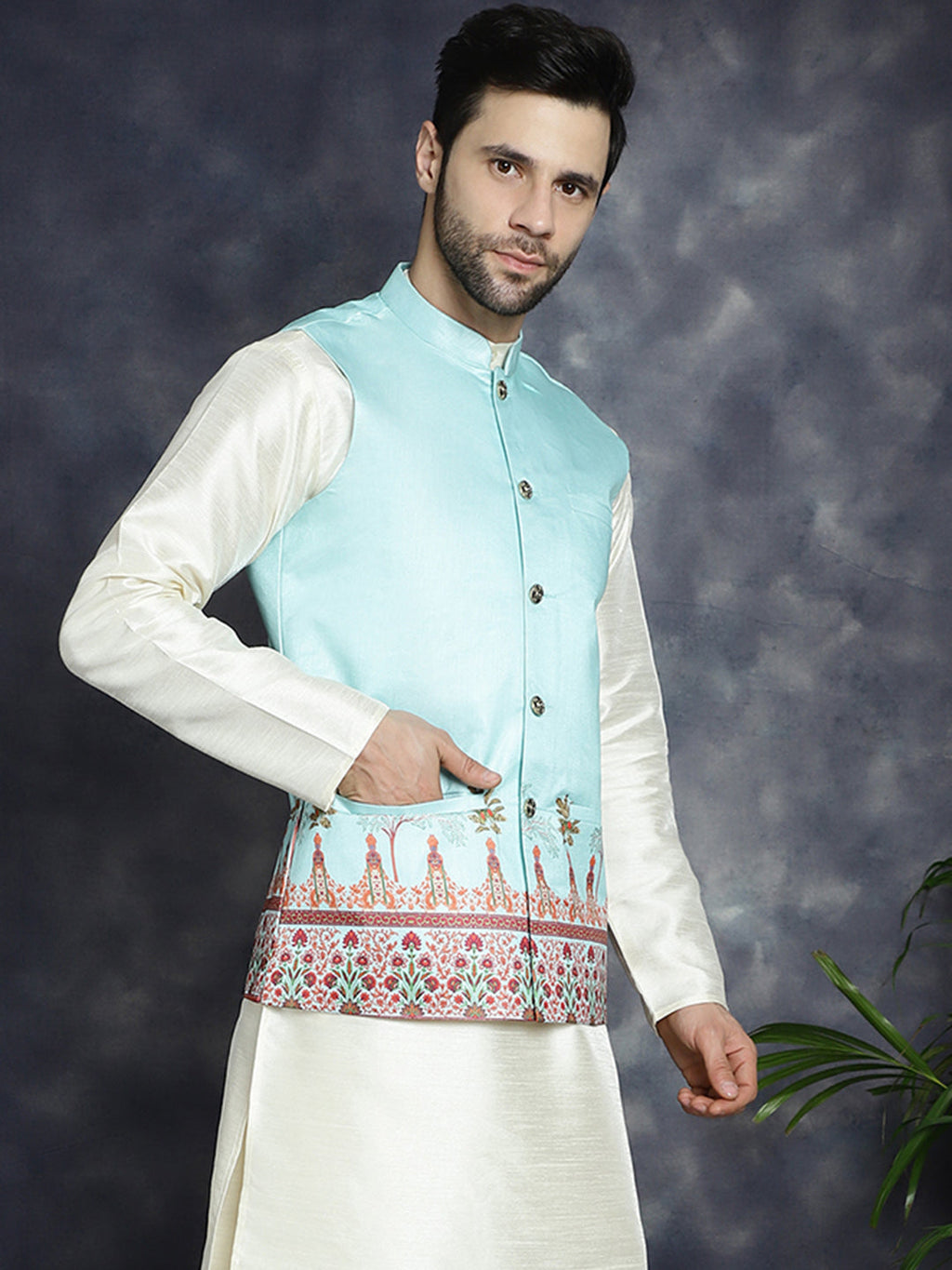 Jompers Men's Printed Nehru Jacket - Sky Blue