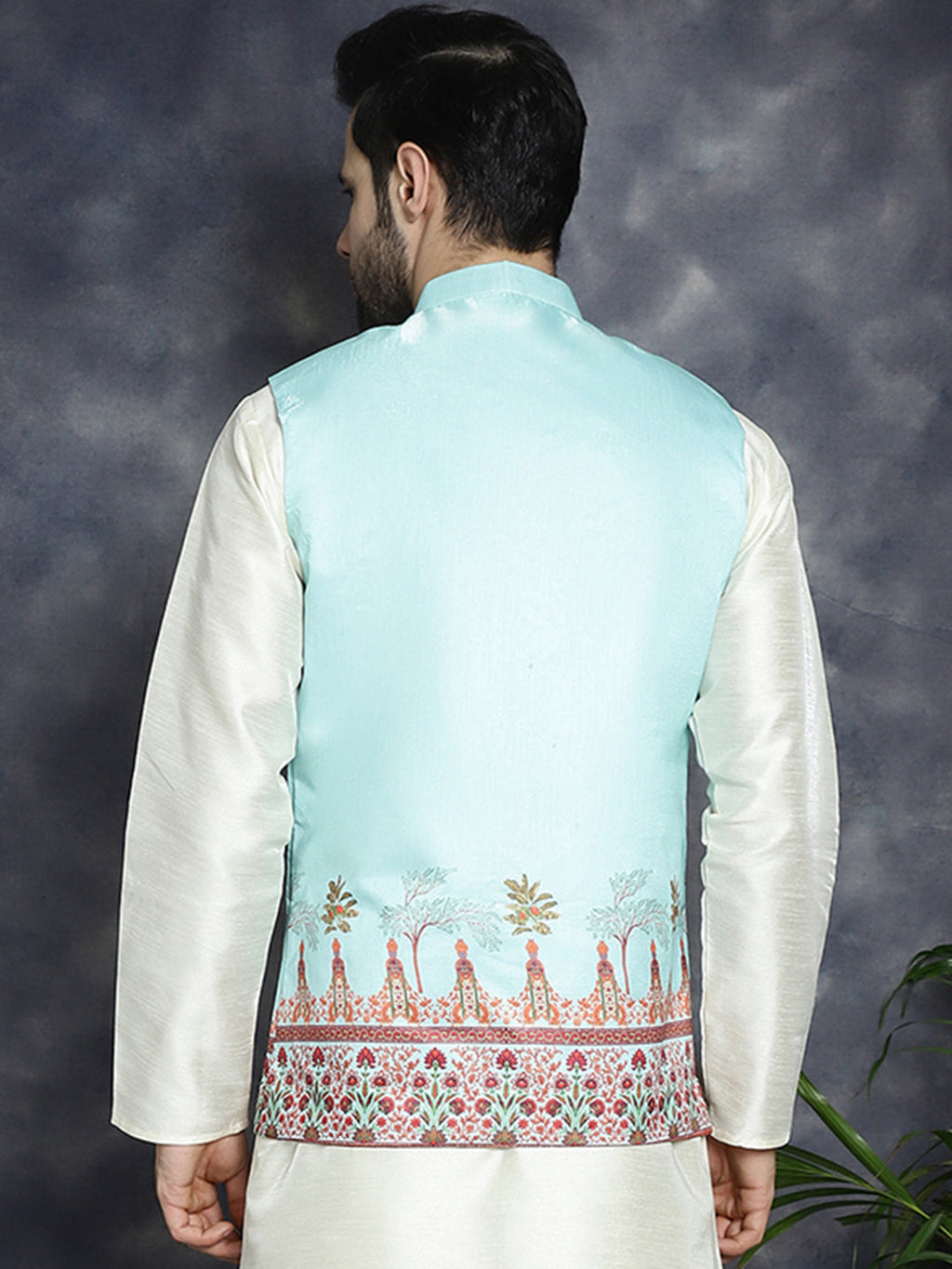 Jompers Men's Printed Nehru Jacket - Sky Blue