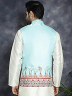 Jompers Men's Printed Nehru Jacket - Sky Blue