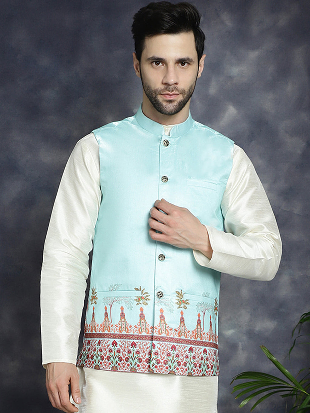 Jompers Men's Printed Nehru Jacket - Sky Blue