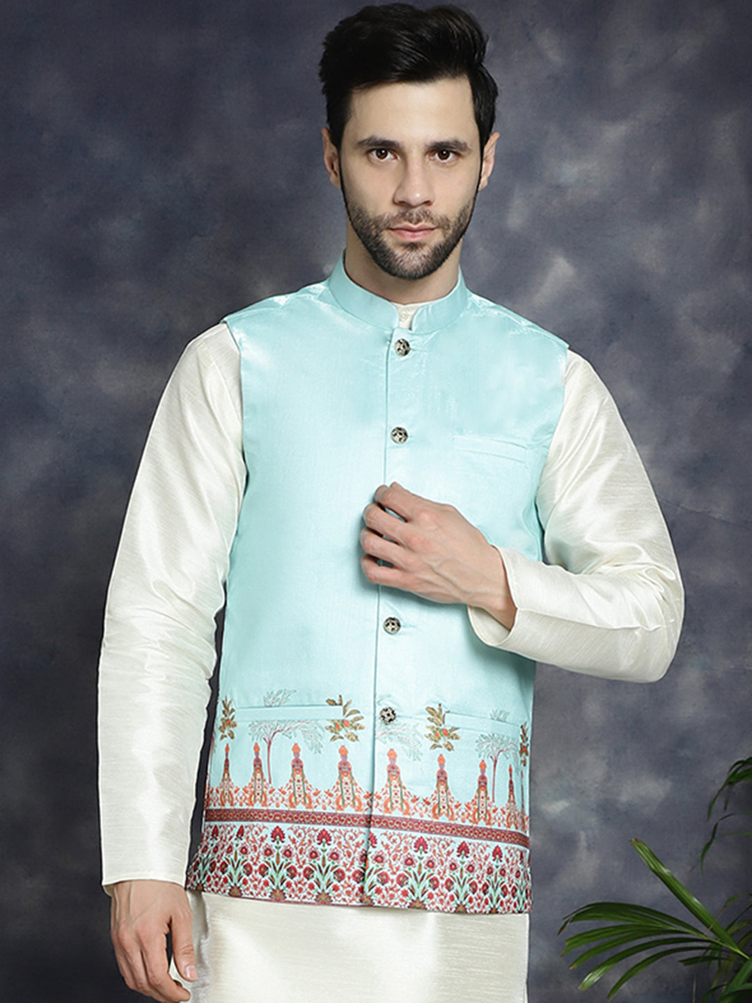 Jompers Men's Printed Nehru Jacket - Sky Blue