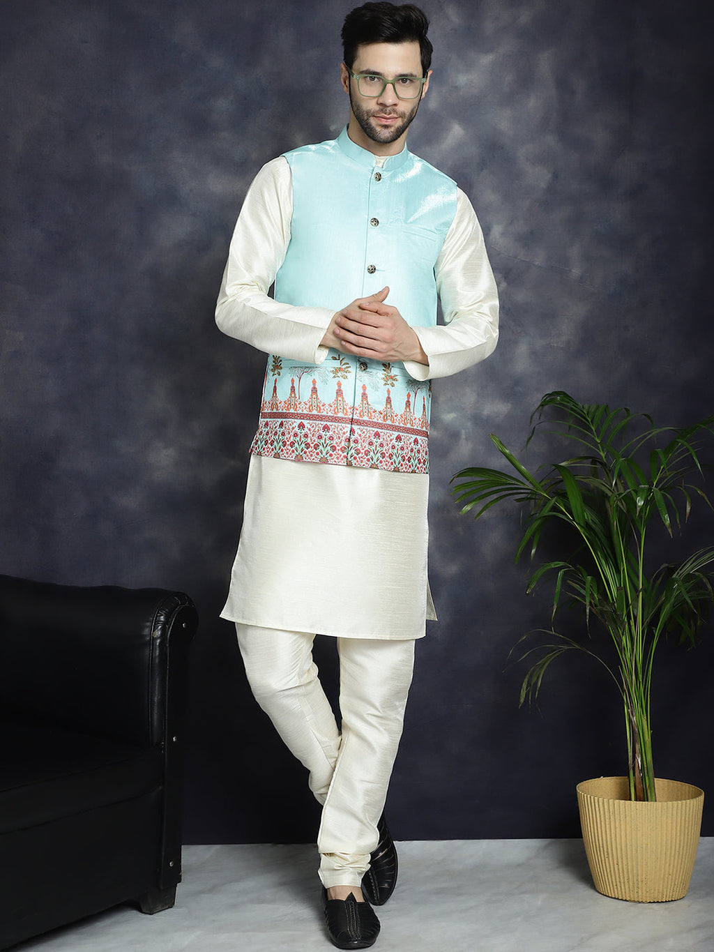 Jompers Men's Printed Nehru Jacket - Sky Blue