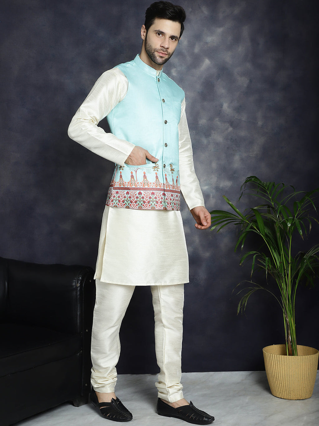 Jompers Men's Printed Nehru Jacket - Sky Blue