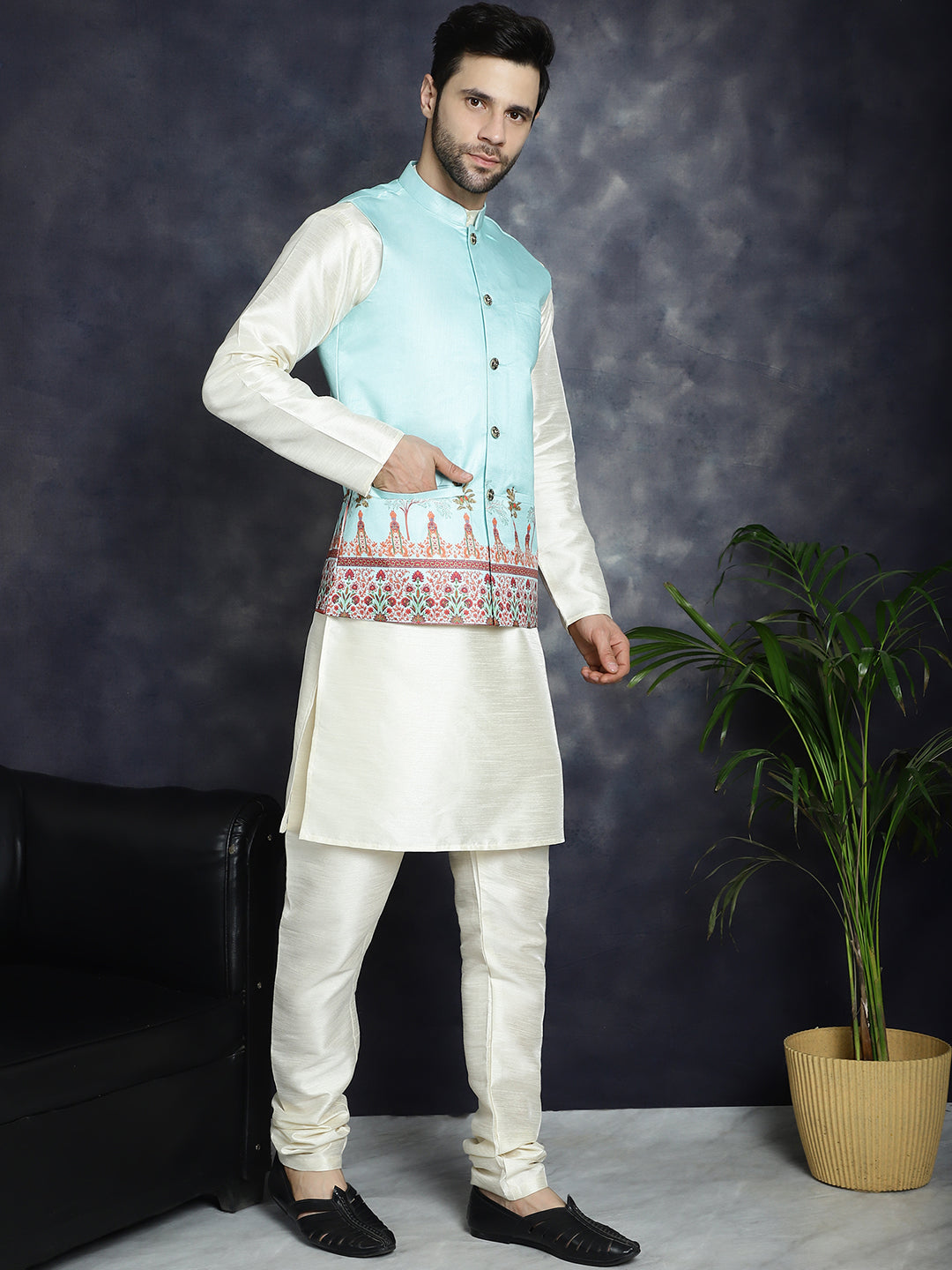 Jompers Men's Printed Nehru Jacket - Sky Blue