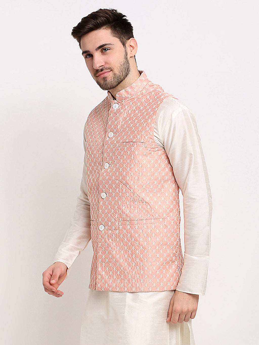 Jompers Men's Peach Peach and White Embroidered Nehru Jacket