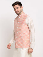 Jompers Men's Peach Peach and White Embroidered Nehru Jacket