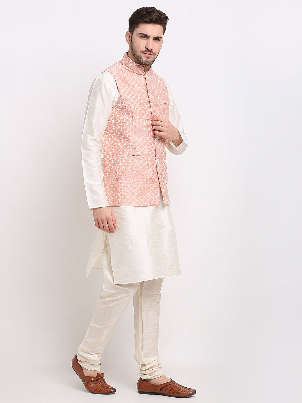 Jompers Men's Peach Peach and White Embroidered Nehru Jacket