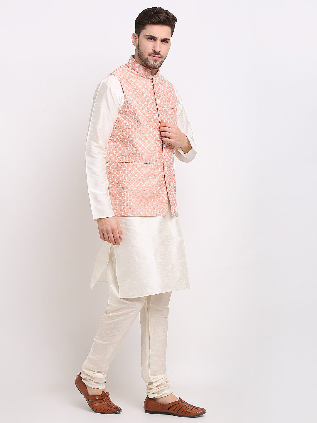 Jompers Men's Peach Peach and White Embroidered Nehru Jacket