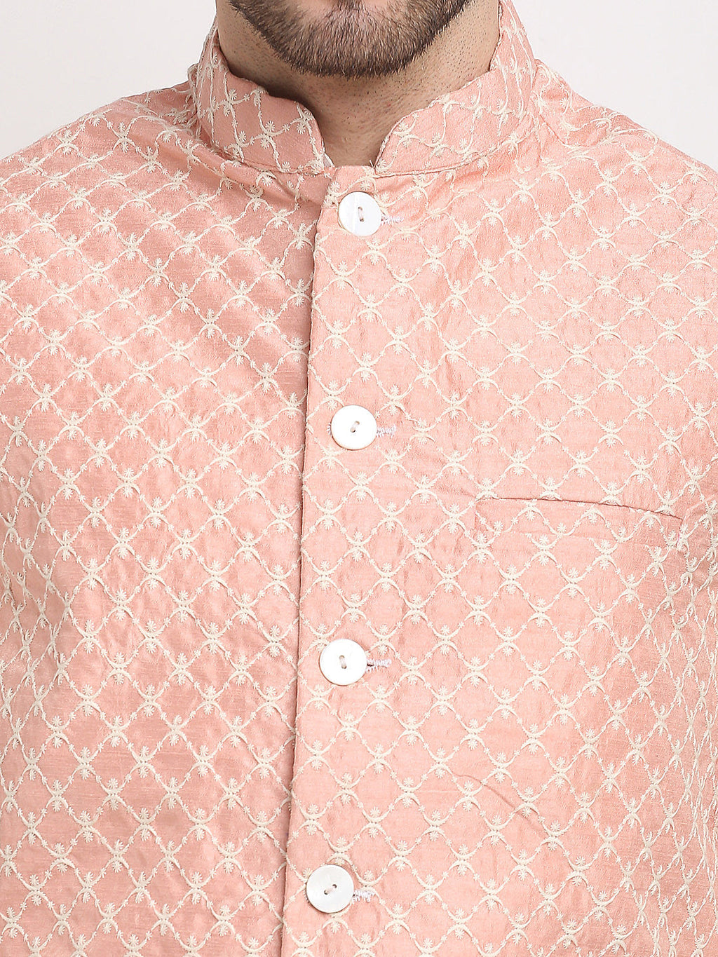 Jompers Men's Peach Peach and White Embroidered Nehru Jacket