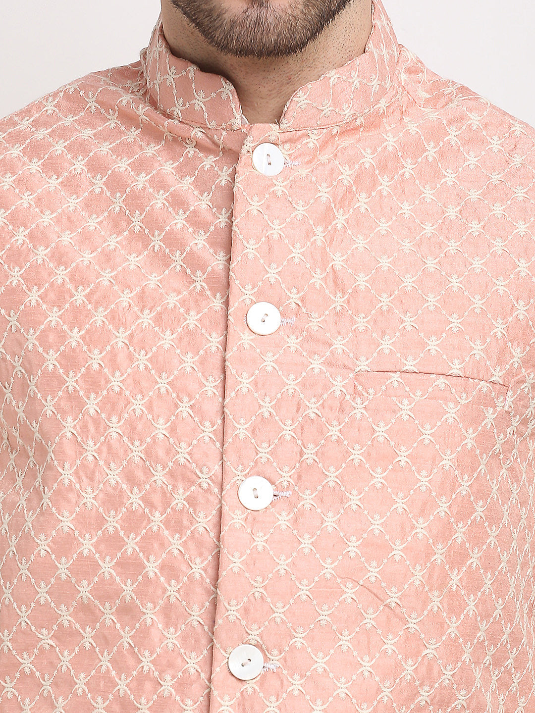 Jompers Men's Peach Peach and White Embroidered Nehru Jacket