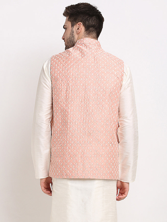 Jompers Men's Peach Peach and White Embroidered Nehru Jacket